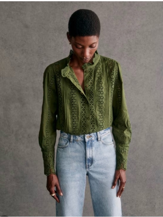 Sezane Tops - Sezane Olive Green Lace-Panel Button-Down Blouse